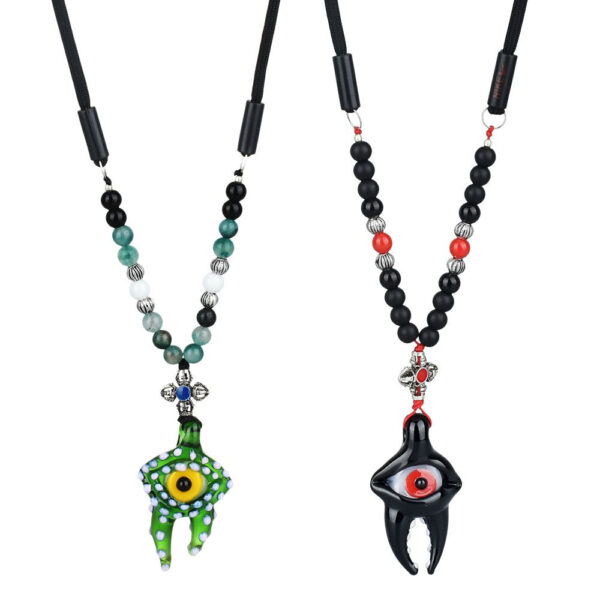 Eye Tooth Glass Pendant with Beaded String Necklace - 14"